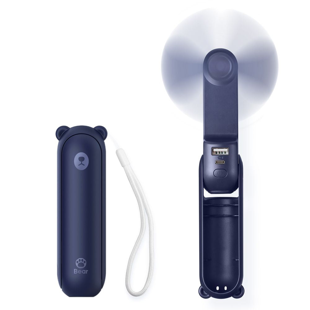 JisuLife Life8 2000mAh handheld fan in a folded mini position showing the flashlight functionality.