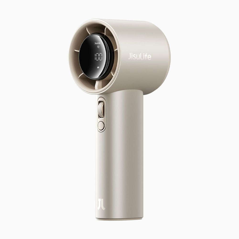 Premium JisuLife Pro1S 2025 handheld fan in aluminum alloy showing the 100-speed adjustment scroll wheel.