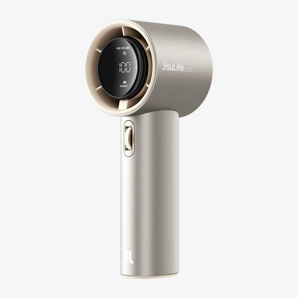JisuLife Pro1S handheld fan in a premium alloy finish showing the smart digital LED display screen.