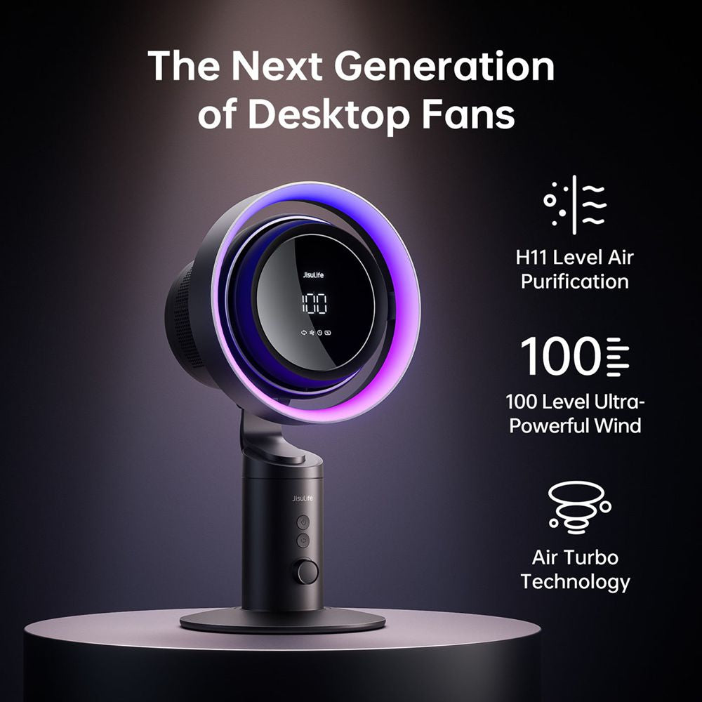 JisuLife Pro3 turbo table fan in grey on a desk, showcasing 100-speed dial control and 3D oscillating head design