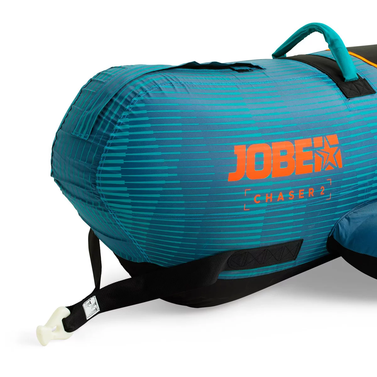Yellow and red Jobe Chaser 2 person inflatable banana towable tube floating on clear blue lake water showing neoprene handles and tow connector.