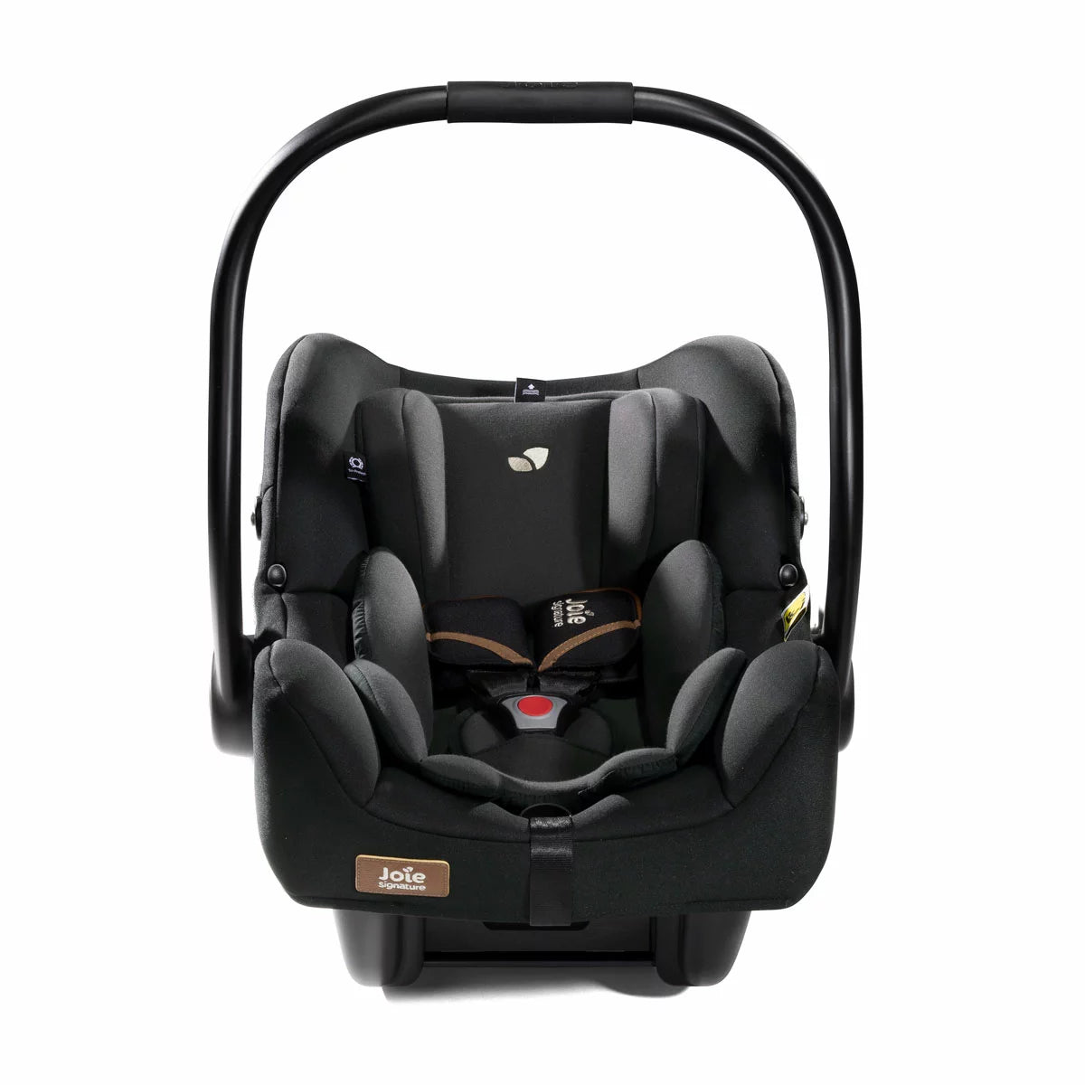 Rear angle view of the Joie I-Jemini infant carrier showing the Tri-Protect headrest layers and side impact protection shell.