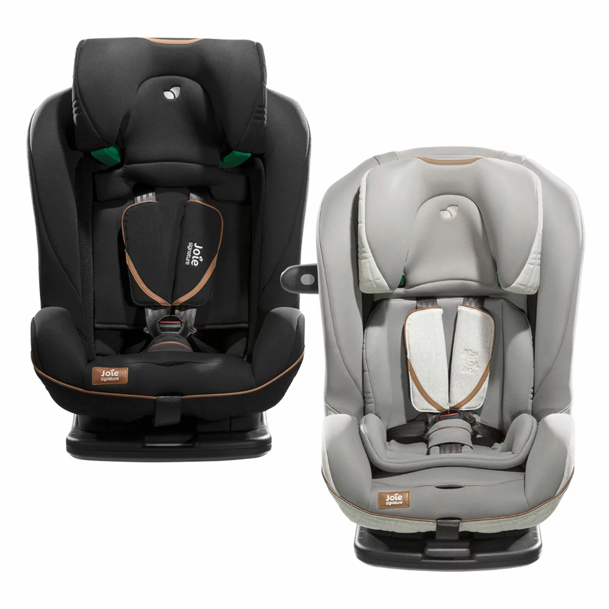Joie i-Penti Signature booster car seat in a premium gray fabric displaying the extended Tri-Protect headrest and steel-reinforced frame.