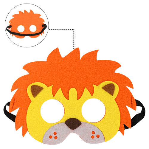Ten yellow and brown felt lion character masks for kids laid out flat showing neat stitching and soft elastic straps.