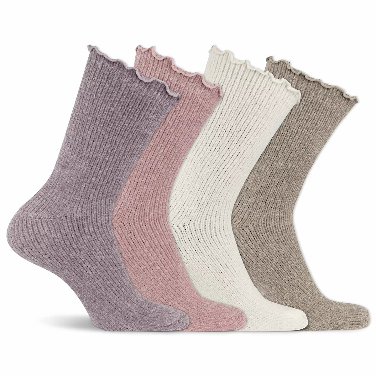 Flat lay of K Bell ladies chenille crew socks in soft pink, cream, and grey showcasing the plush velvety texture and delicate lettuce edge cuffs on a wooden background.