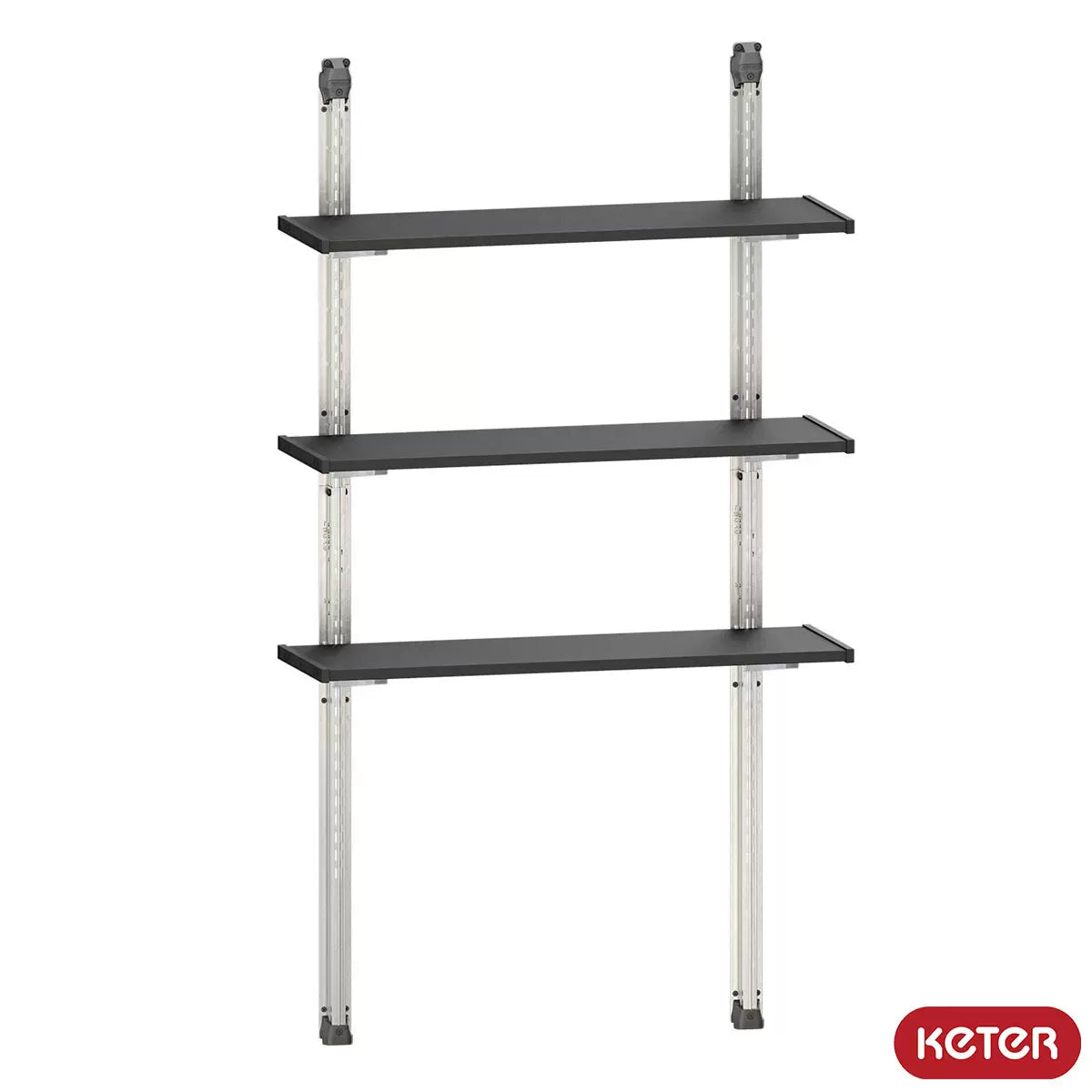 Keter 97cm shelving kit in black, fully assembled and loaded with storage boxes in a clean, organised garage workshop.