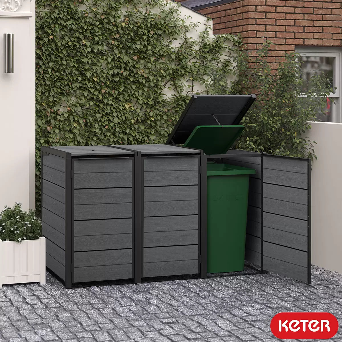 Keter Cortina Hide Away Bin Store in a stylish, wood-look finish, concealing wheelie bins on a clean patio and garden area.