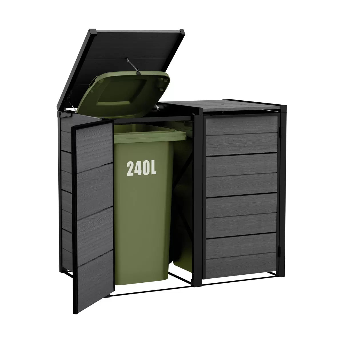Keter Cortina Hideaway 2-section bin store in a charcoal and wood-grain finish, sitting on a modern patio with two wheelie bins inside.