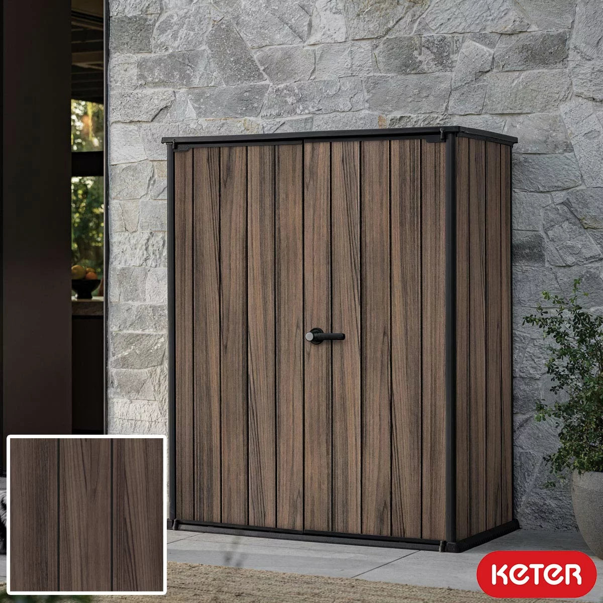 Keter Rosewood 1415L vertical storage shed with doors open, showcasing adjustable interior shelving filled with garden tools on a concrete patio.