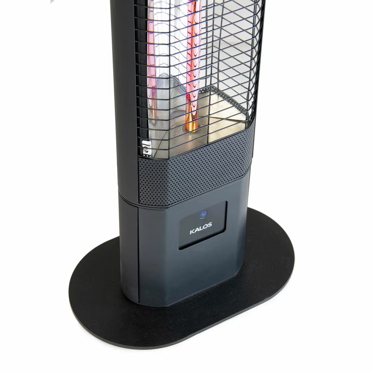 Kettler Kalos Ibiza floor standing garden heater in dark grey finish with illuminated LED ring and built-in speaker standing on a wooden patio deck.
