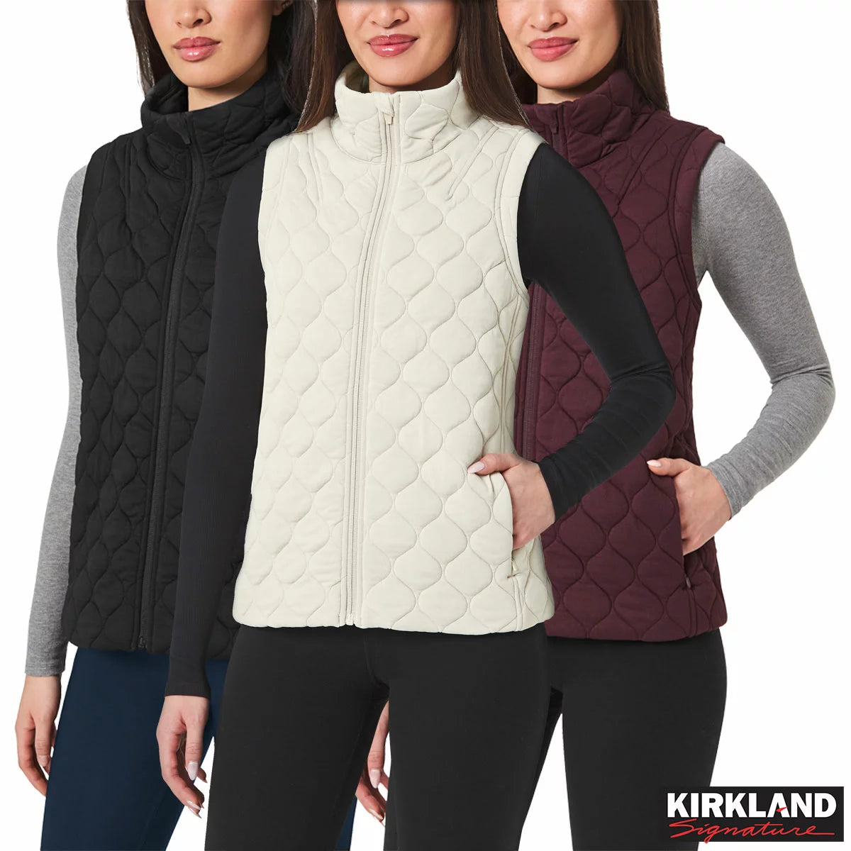 Kirkland Signature Women's Quilted Vest featuring lightweight quilted insulation, full-zip front closure, and comfortable everyday layering design.