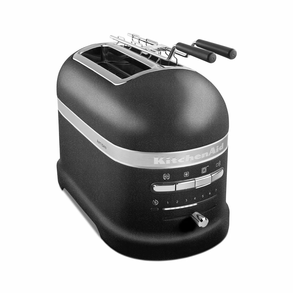 KitchenAid Artisan 2-slot automatic toaster in textured Cast Iron Black finish with stainless steel sandwich rack inserted into the left slot.
