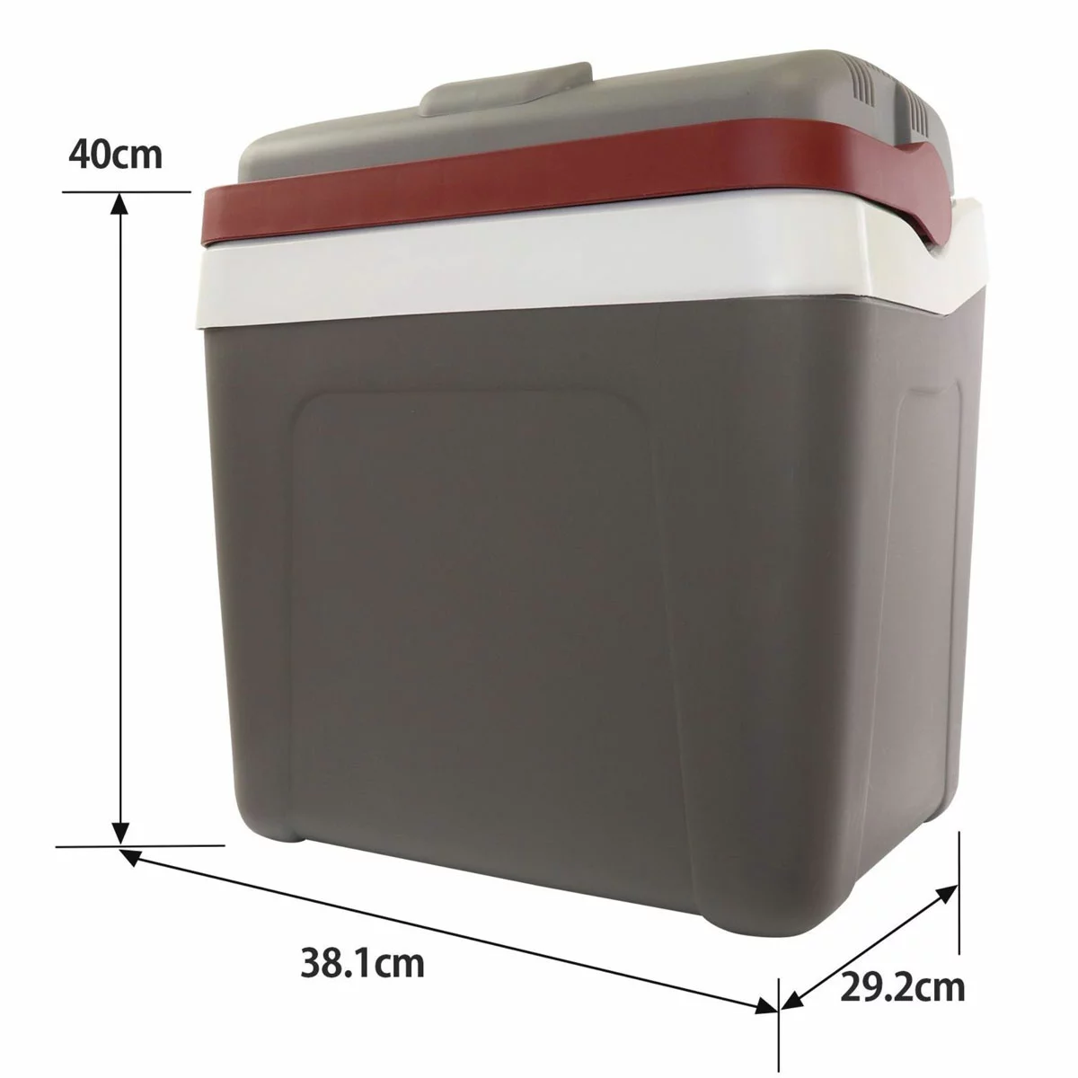 A grey Koolatron 12V Electric Cooler 24L with its sturdy locking handle upright, positioned in the open boot of a car during an outdoor weekend road trip.