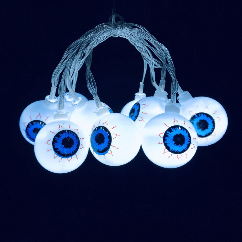 A 10-piece LED string lighting chain featuring glowing pumpkin, ghost, and eyeball cartoon bulbs displayed against a festive party backdrop.