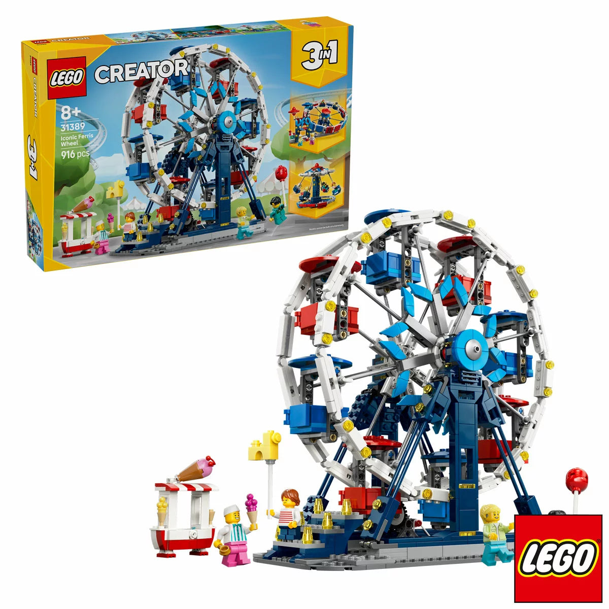 Front angle view of the colorful LEGO Creator 3-in-1 Ferris Wheel featuring eight passenger carriages, an ice cream stand, and four minifigures on a white surface.