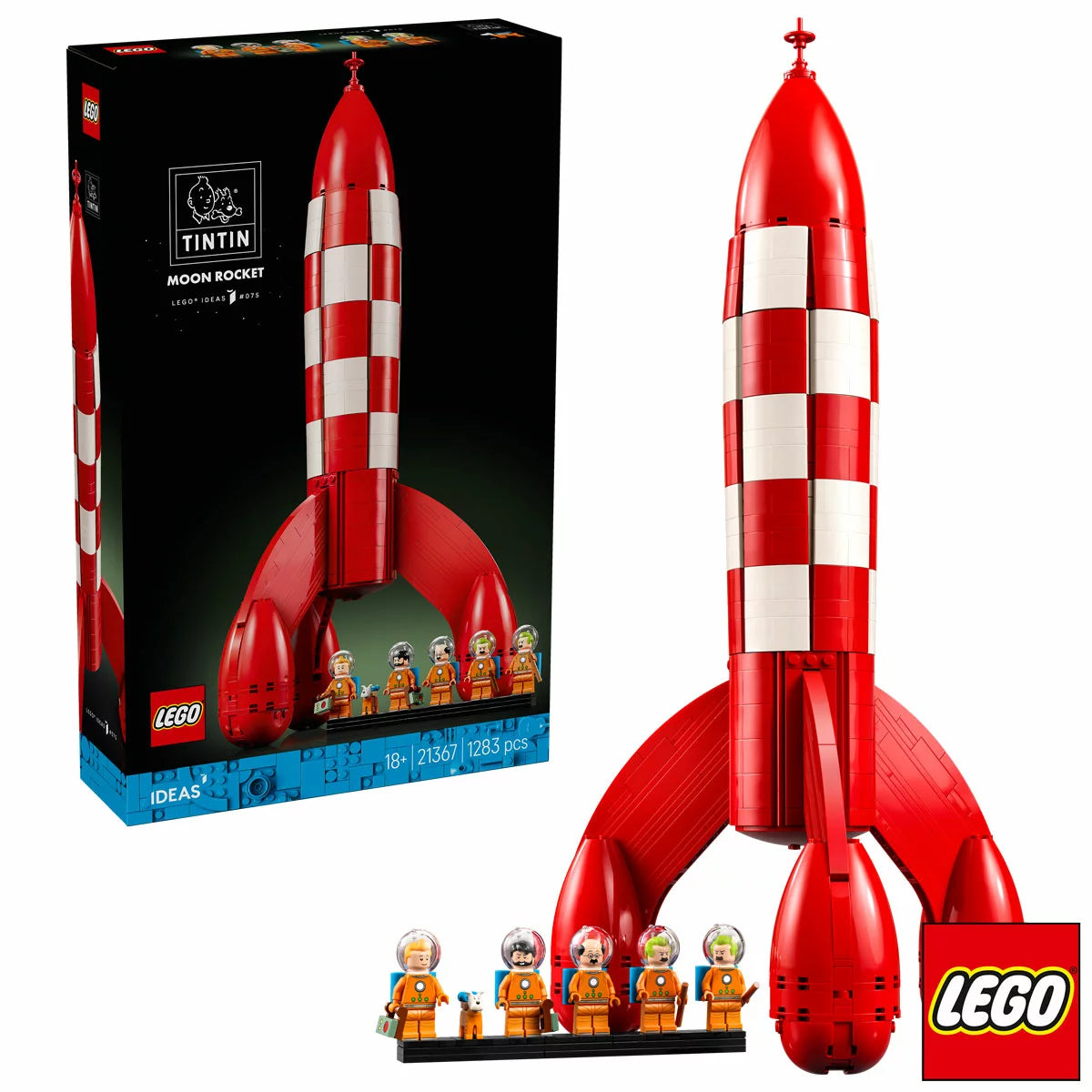 LEGO Ideas Tintin Moon Rocket Model 21367 collectible rocket display set inspired by the classic Tintin adventures for adults aged 18 and above