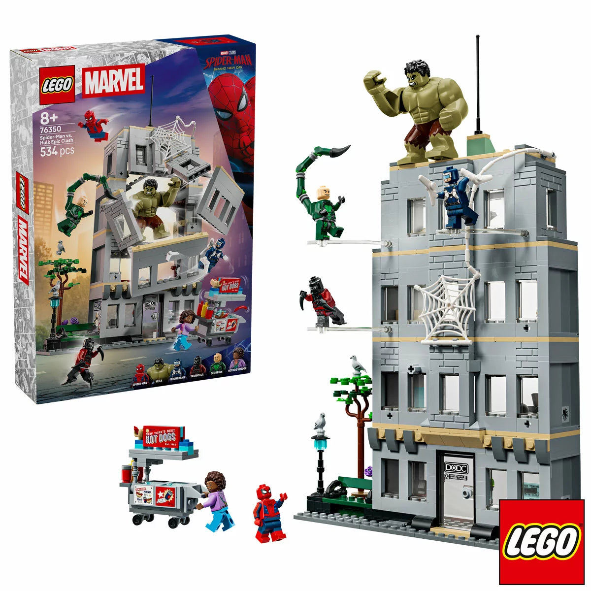 Front angle view of the LEGO Marvel Spider-Man vs. Hulk Epic Clash set showing the exploding office wall structure, Hulk big figure, and Spider-Man suspended on a clear rod.