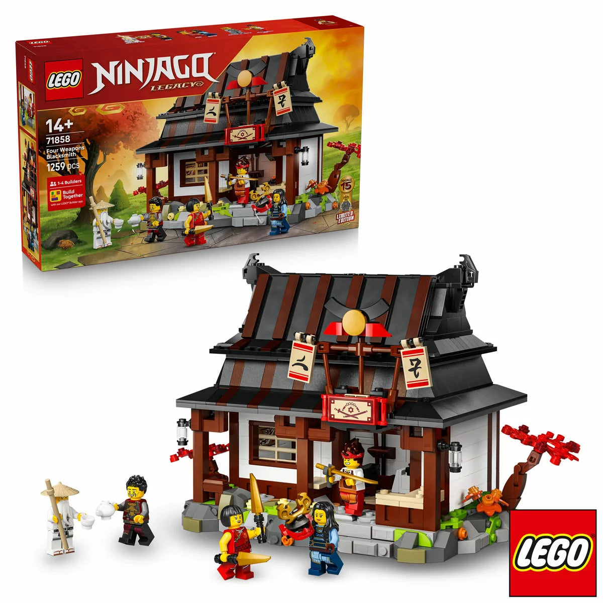 Three-quarter front view of the opened LEGO Ninjago Four Weapons Blacksmith 71858 set showing the detailed interior forge, weapons rack, upper bedroom, and six minifigures arranged on a grey surface.