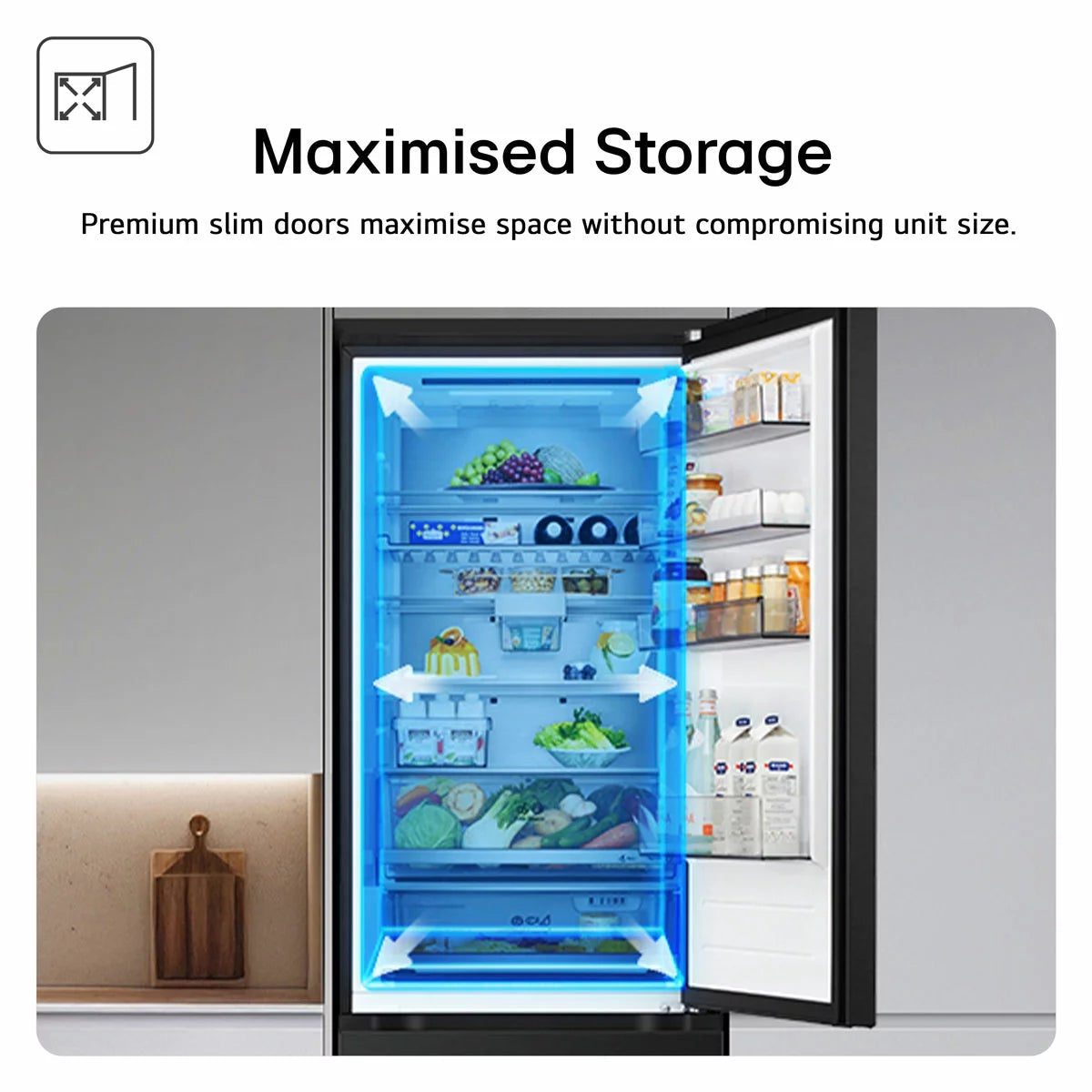 Front view of the silver LG Fit & Max GBFSJ10DPY fridge freezer with built-in water dispenser in a modern kitchen setting.