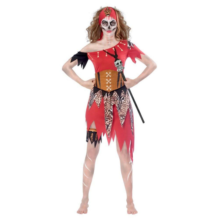 Front view of a women's medium witch doctor costume featuring off-shoulder red and black dress, bone belt, and leopard print accents.