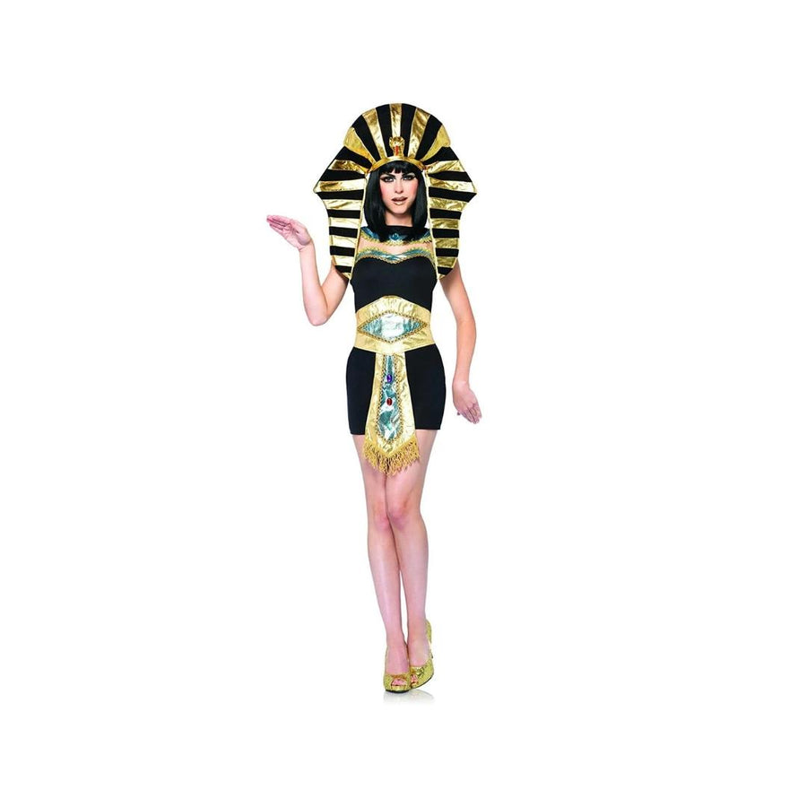 Women's Leg Avenue Queen Tut Egyptian costume featuring a flowing black gown with gold braid, jeweled belt, neck collar, and serpent headpiece.