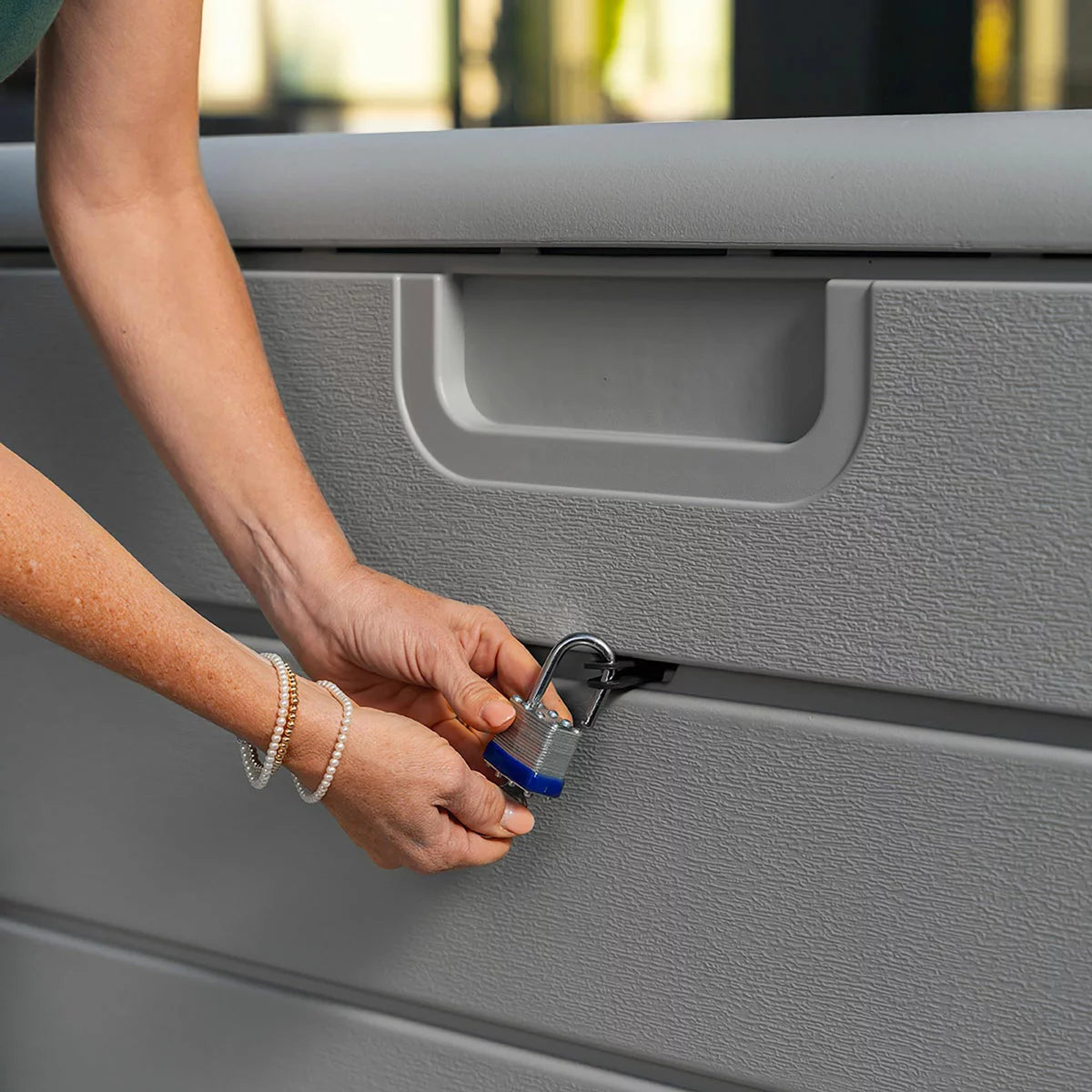 Lifetime-heavy-duty-outdoor-storage-deck-box-984L-grey-wood-grain-texture