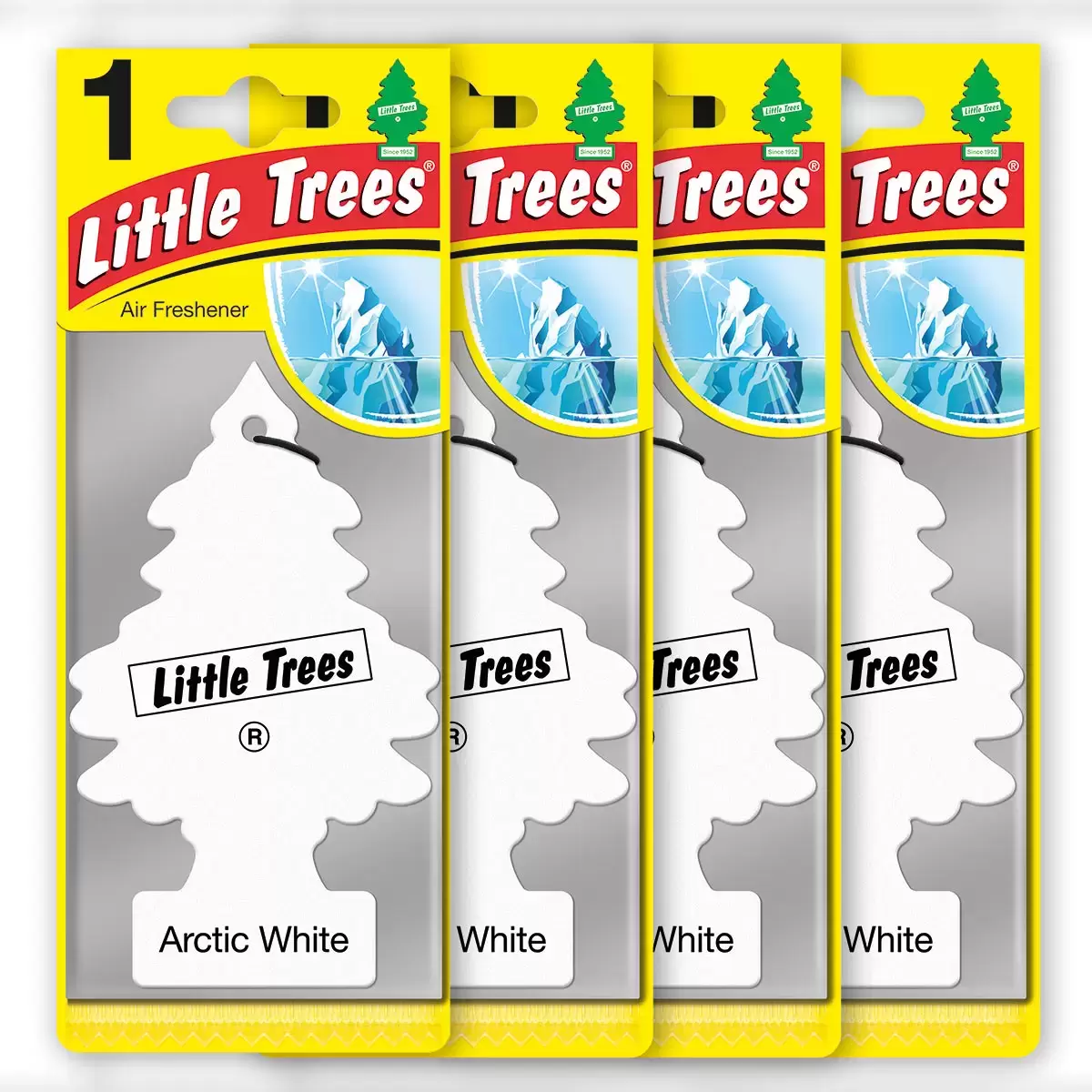 A 24-pack box of colorful Little Trees air fresheners featuring Vanillaroma, Black Ice, and New Car Scent hanging trees displayed against a clean automotive interior background.