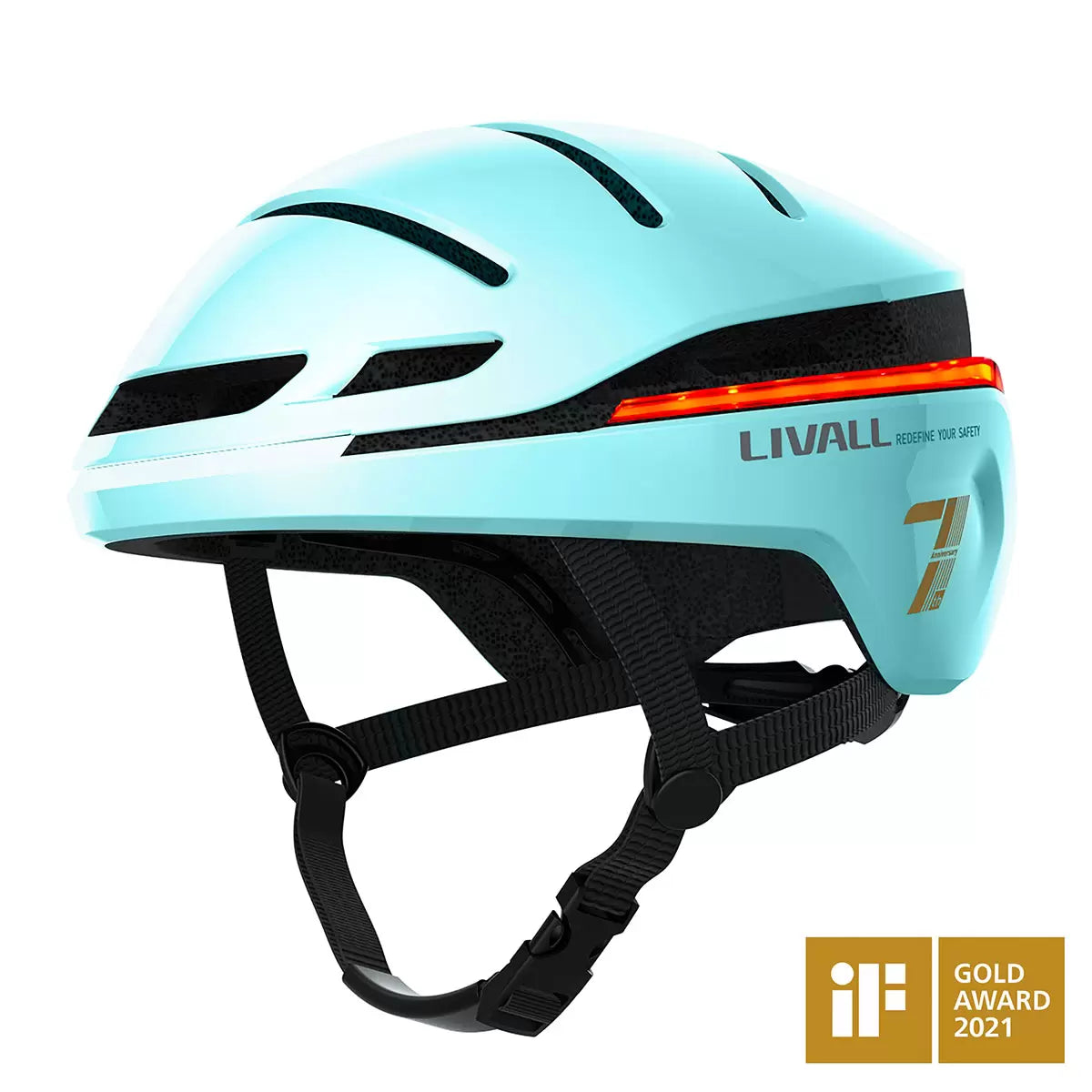 A side-angle profile shot of the Livall EVO21 smart bike helmet in black, showcasing the integrated LED rear lighting panel and aerodynamic ventilation vents.