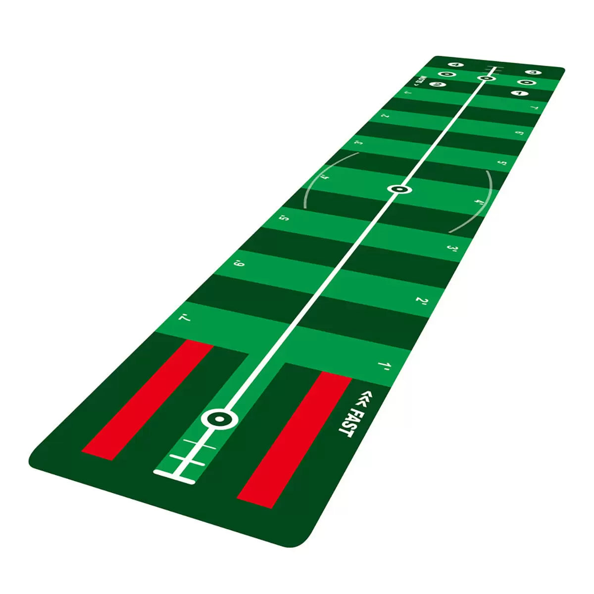 Top-down view of the green Longridge 4-speed golf putting mat rolled out flat on a modern hardwood floor showing printed alignment guides and ball tracing paths.