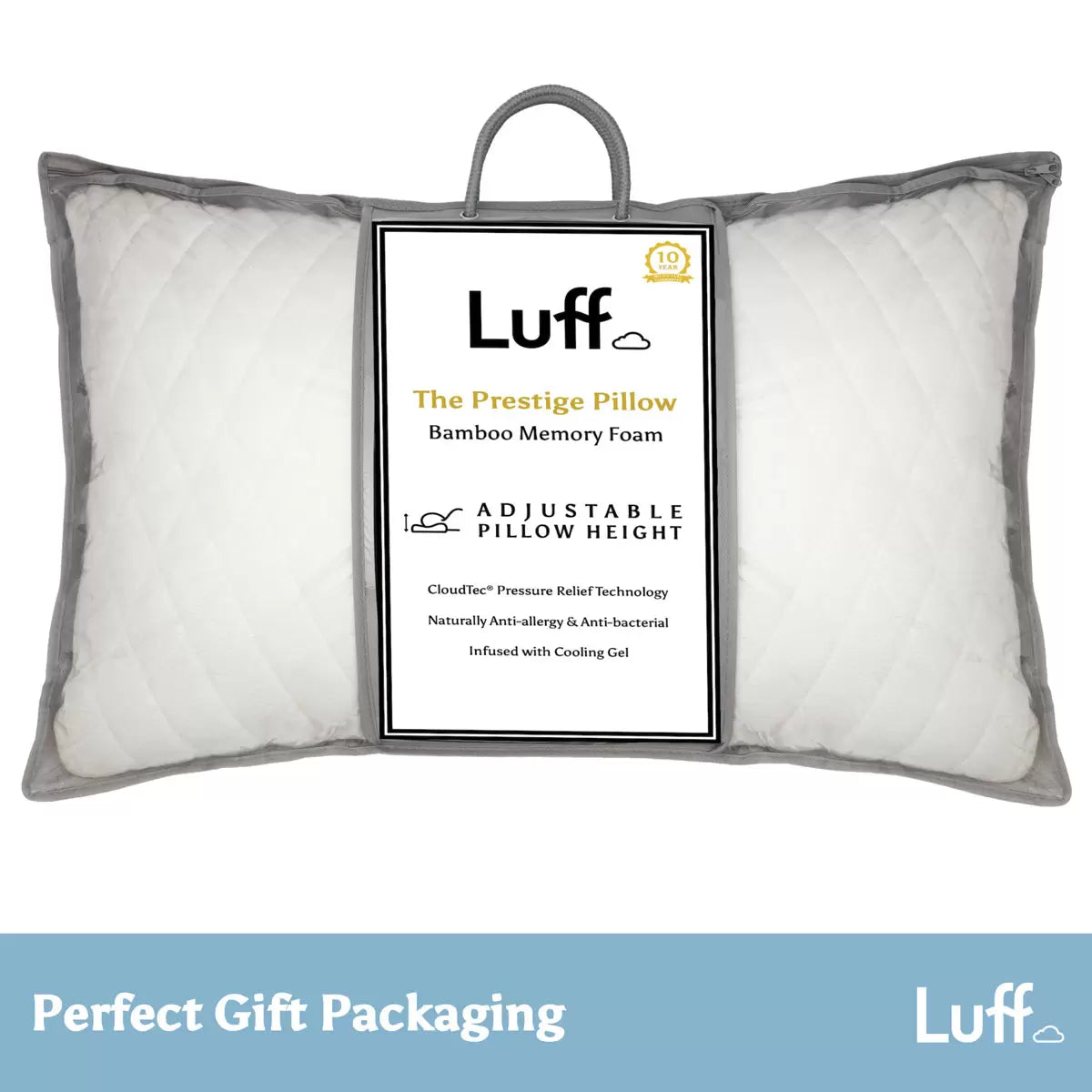 Luff Height Adjustable Prestige Bamboo Pillow with smooth white bamboo cover unzipped to reveal adjustable CloudTec filling on a bed.