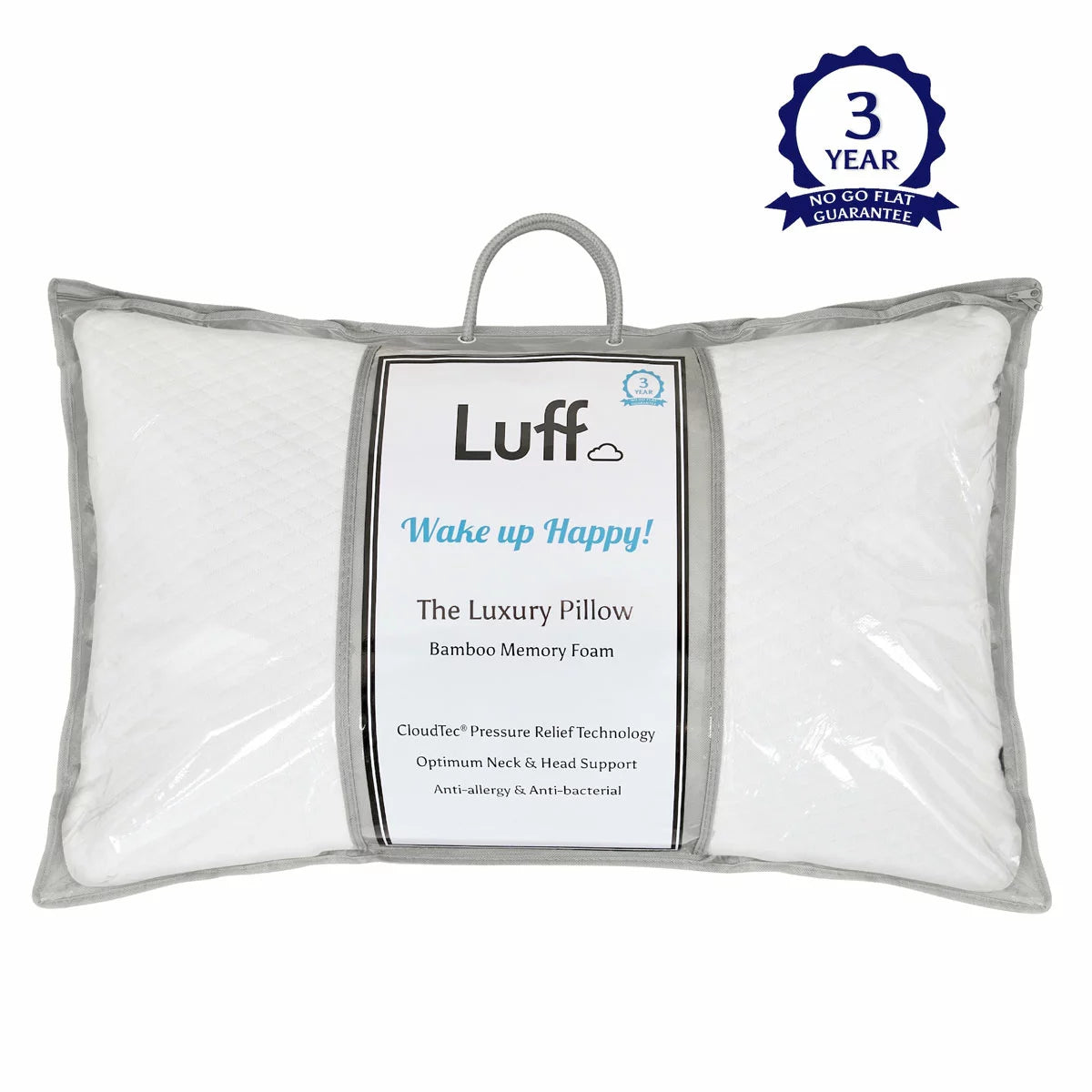 A side-view studio shot of a Luff Luxury Bamboo Memory Foam Pillow with the silky-smooth fabric cover partially visible, set against a neutral, clean bedroom background.