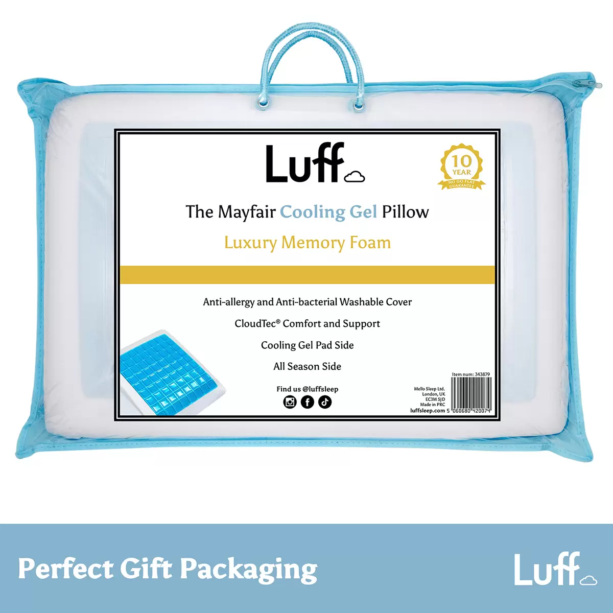Luff Mayfair Cooling Gel Memory Foam Pillow showing the textured white bamboo cover peeled back to reveal the blue cooling gel pad layer on a modern mattress setup.