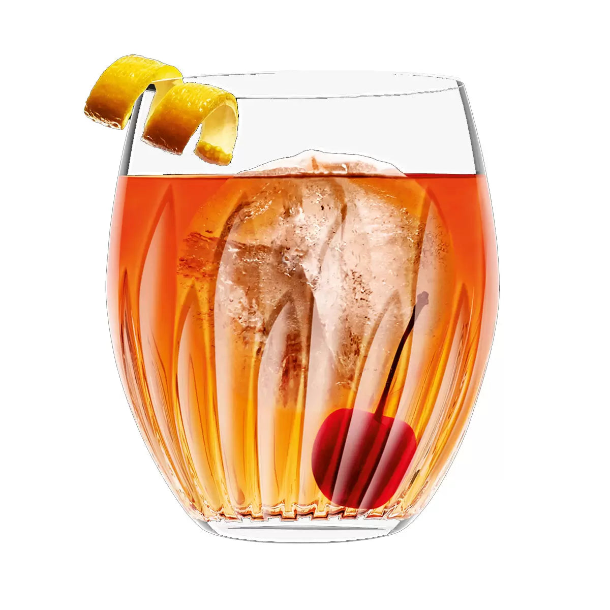 Twelve Luigi Bormioli Mixology cocktail glasses arranged elegantly on a dark bar surface, highlighting their unique decorative pattern and crystal-clear brilliance.