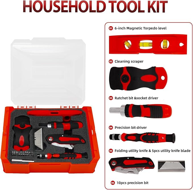 Front view of the black MANUFORE 81-piece household tool set organized inside its open 3-layer carry case alongside the 3.7V cordless screwdriver and driver bits on a wooden workbench.