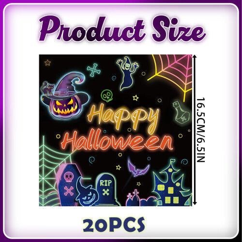 MOMAHUA 20P Halloween neon napkins spread out on a dark wooden party table alongside Halloween snacks.
