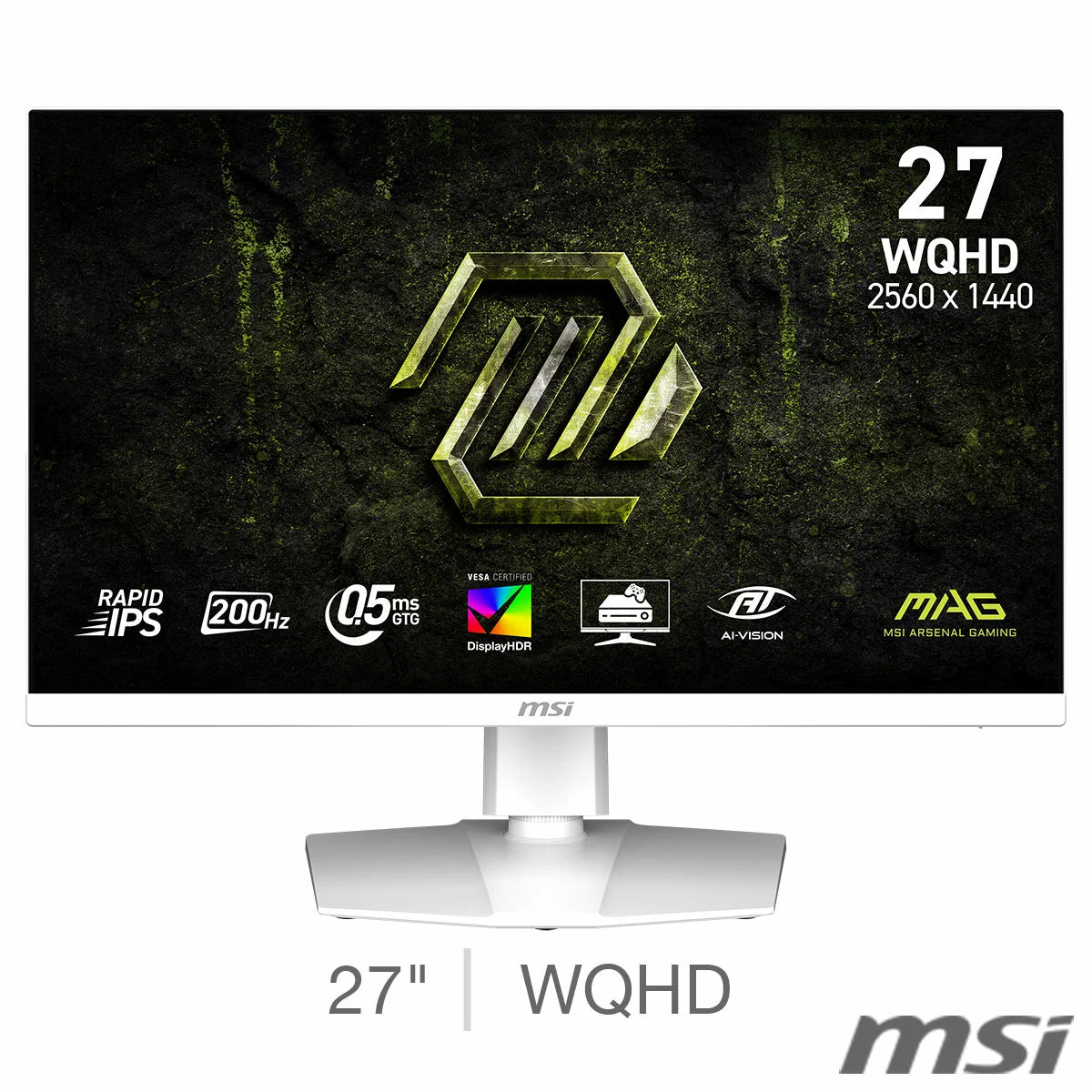 MSI MAG 274QRFW E20 27 inch WQHD Rapid IPS white gaming monitor model 9S6-3CF99T-003 showing its frameless screen, adjustable stand, and premium chassis. - 2