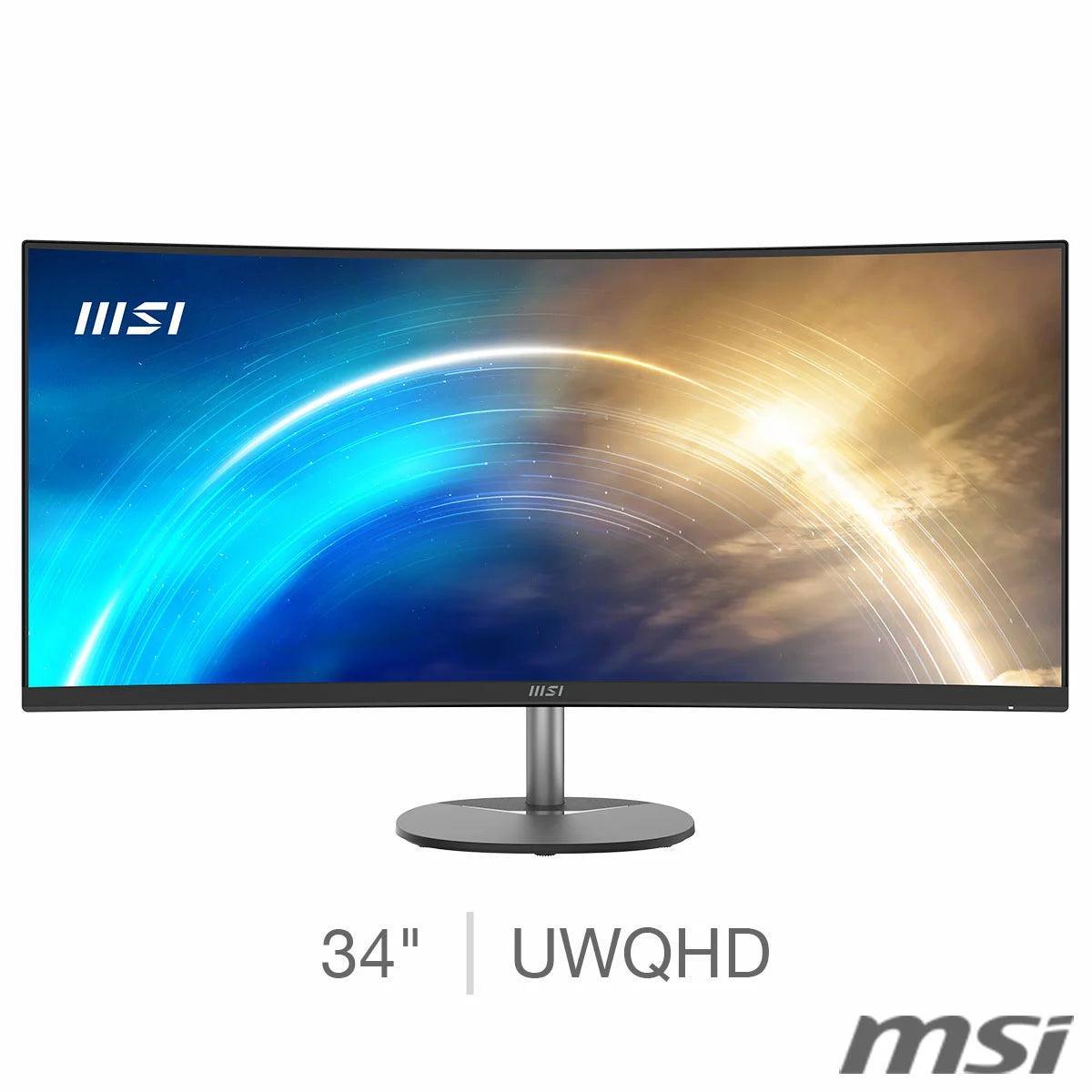 Front view of the matte black 34-inch MSI PRO MP341CQ ultrawide curved monitor on a minimalist desk, displaying side-by-side project windows in a brightly lit modern office.