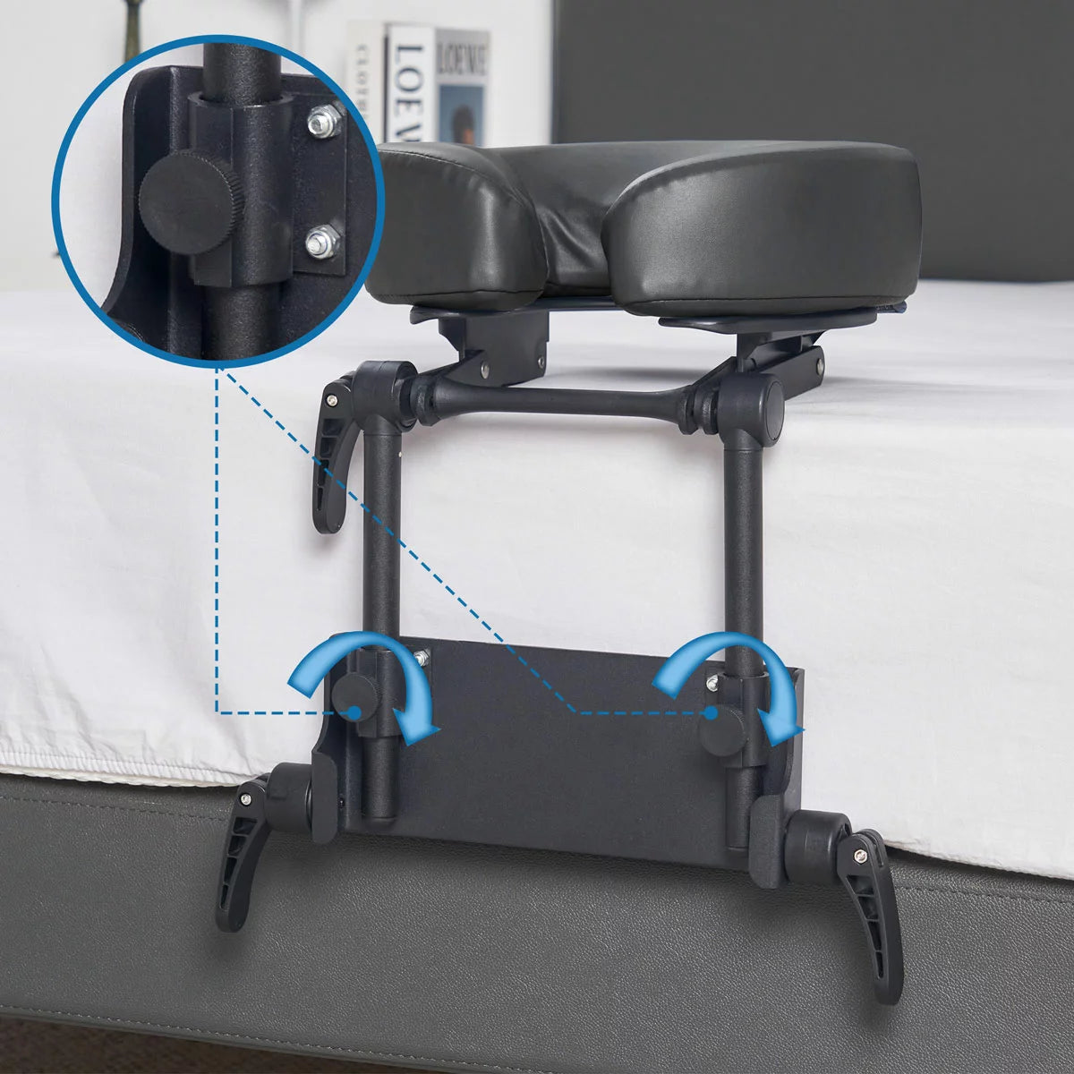 The Master Massage Mattress Top Kit set up on a bed, showing the adjustable face cradle, comfort pillow, and the aluminum frame structure.