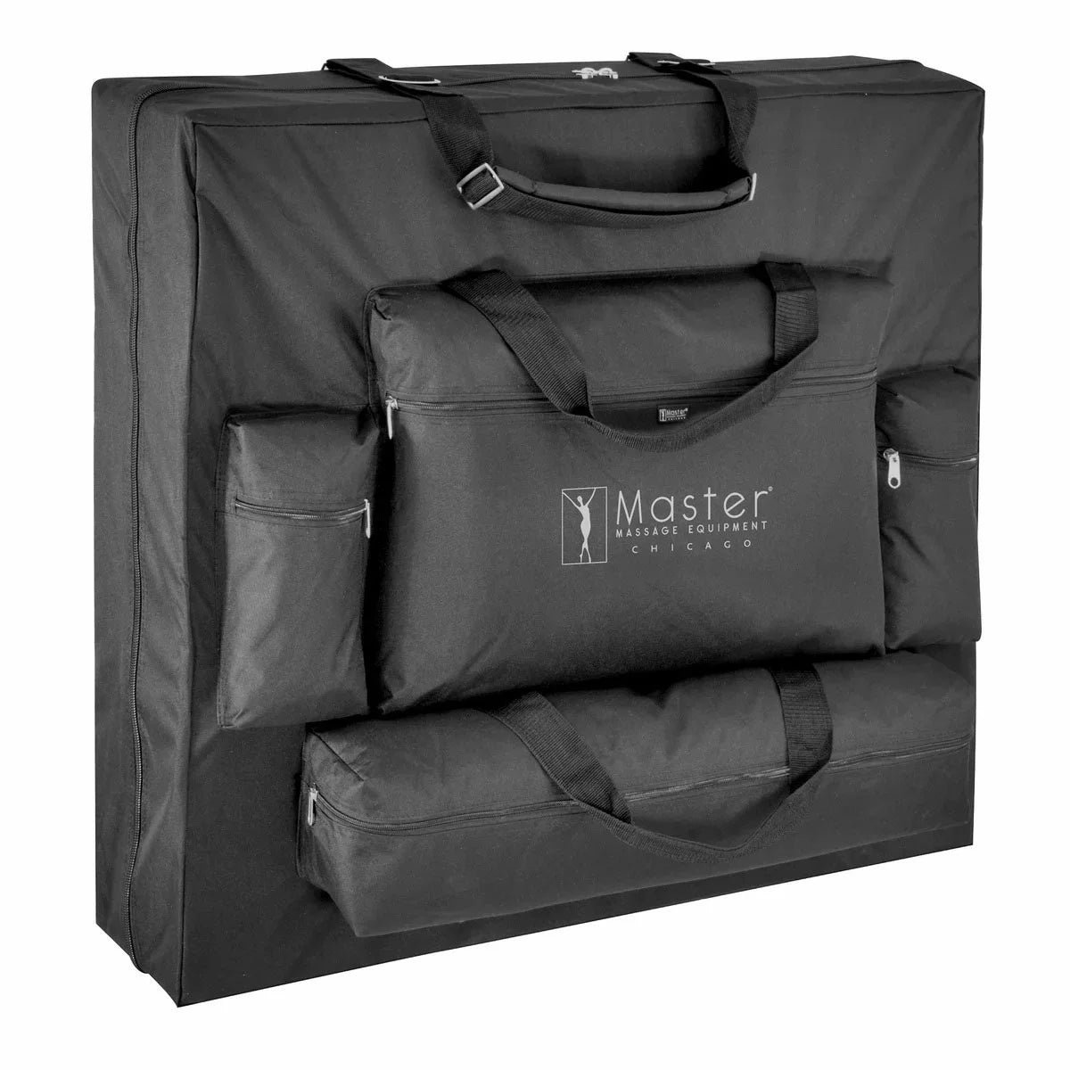 The Master Massage SomeRest table featuring its adjustable liftback in a raised position, displayed in a bright, modern studio with its included face cradle and carrying case nearby.