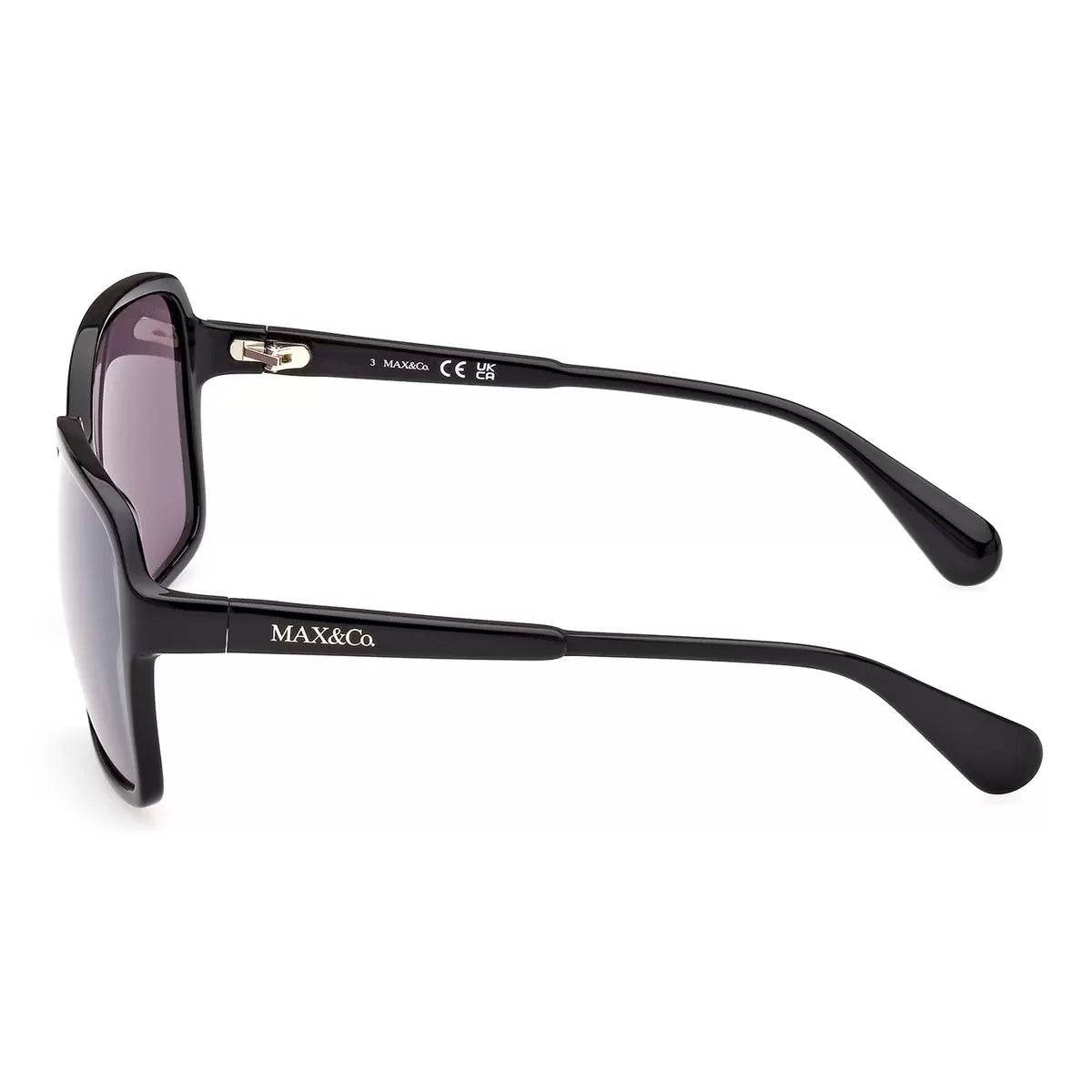 A side-profile view of the Max & Co MO0079 01C sunglasses with a glossy black finish, set against a bright, neutral studio background.