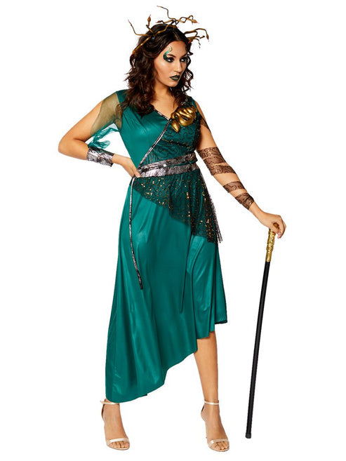 Front view of the Medusa Adult Costume featuring a shimmering emerald gown, gold waist drapes, and a detailed snake headpiece on a studio backdrop.