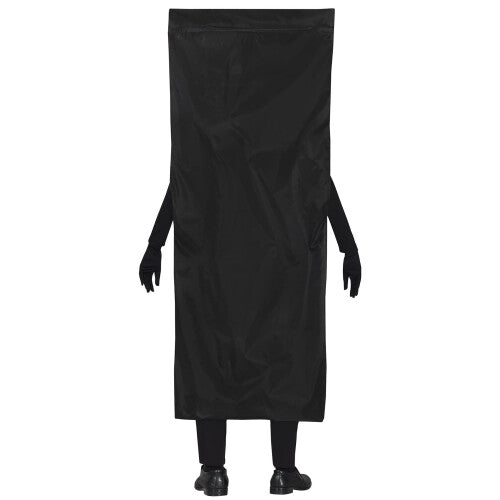 Front view of a man wearing a Large Men's Dead Man Body Bag Costume featuring printed crime scene outlines and realistic blood splatters on a black background.