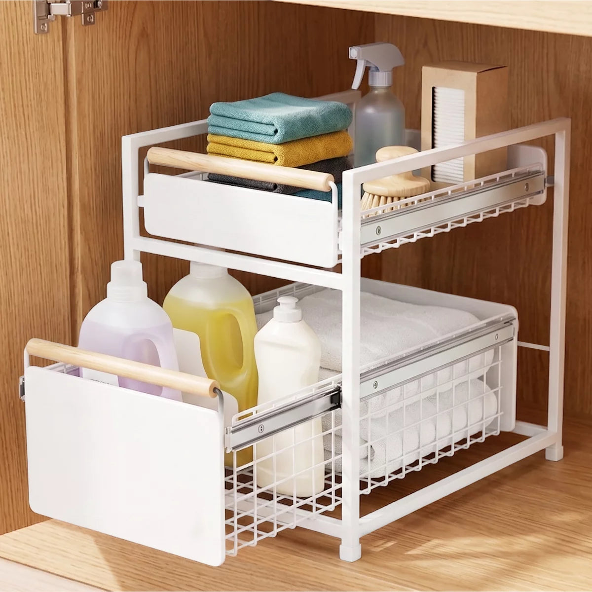The Mesa 2-Tier Organiser with Drawers displayed on a countertop, showcasing its stacked metal wire drawers, robust frame, and wooden accent handles.