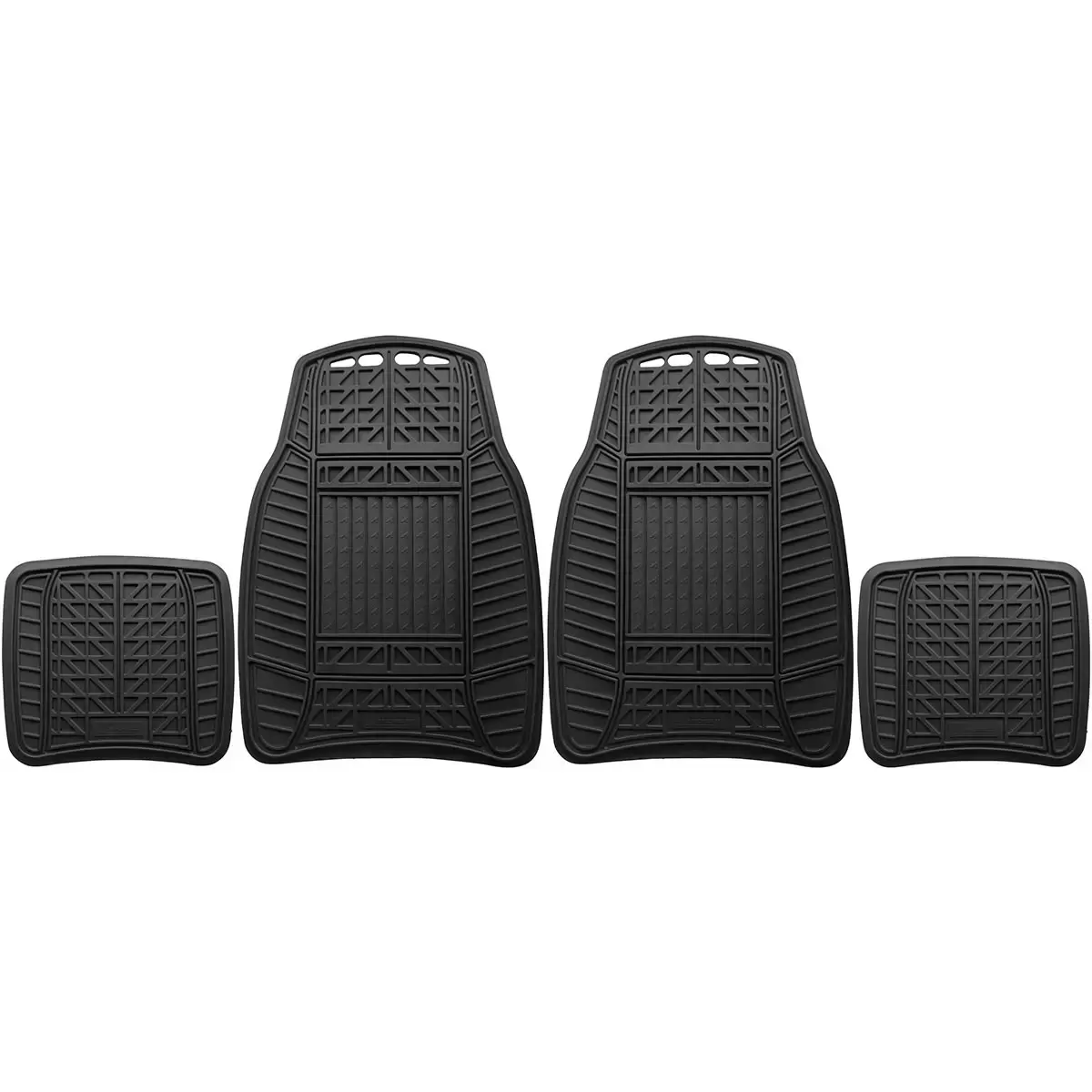 Angled eye-level shot of a four-piece set of black Michelin heavy-duty rubber car mats showing deep tread patterns and non-slip cleated backings on a clean studio surface.