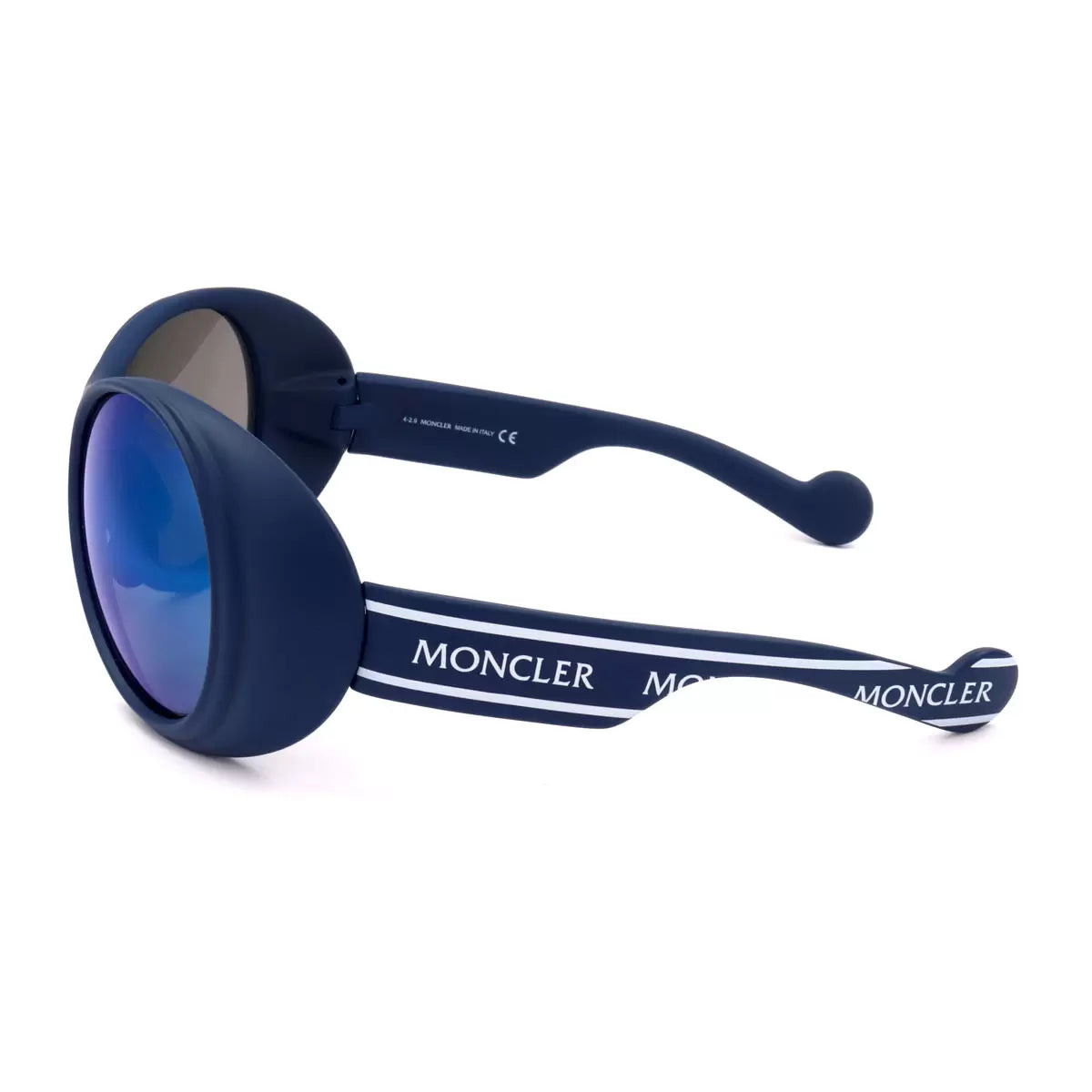 Front view of Moncler ML0148 91X sunglasses with sleek metallic accents, resting on a clean, dark surface under soft morning light.