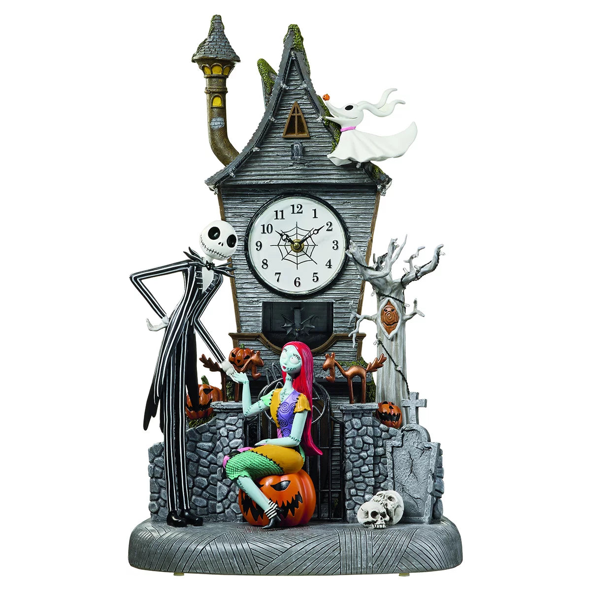 Front view of the 55cm hand-painted NBC animated clock tower featuring Jack Skellington and Sally illuminated by built-in LED lights on a tabletop setting.