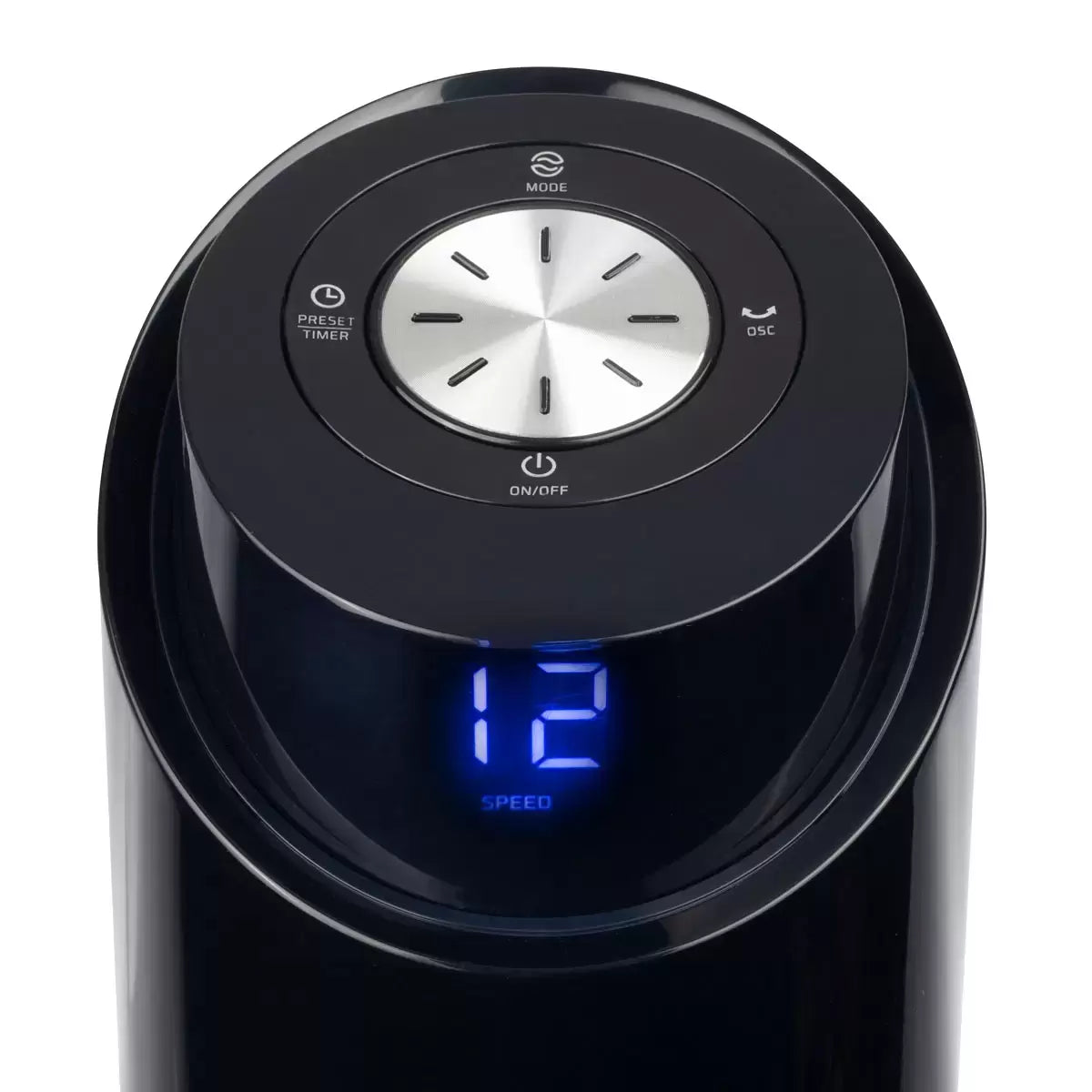 A sleek black NSA Column Fan with a digital LED display showing speed settings, positioned in a modern home office next to a desk, highlighting its compact tower design.