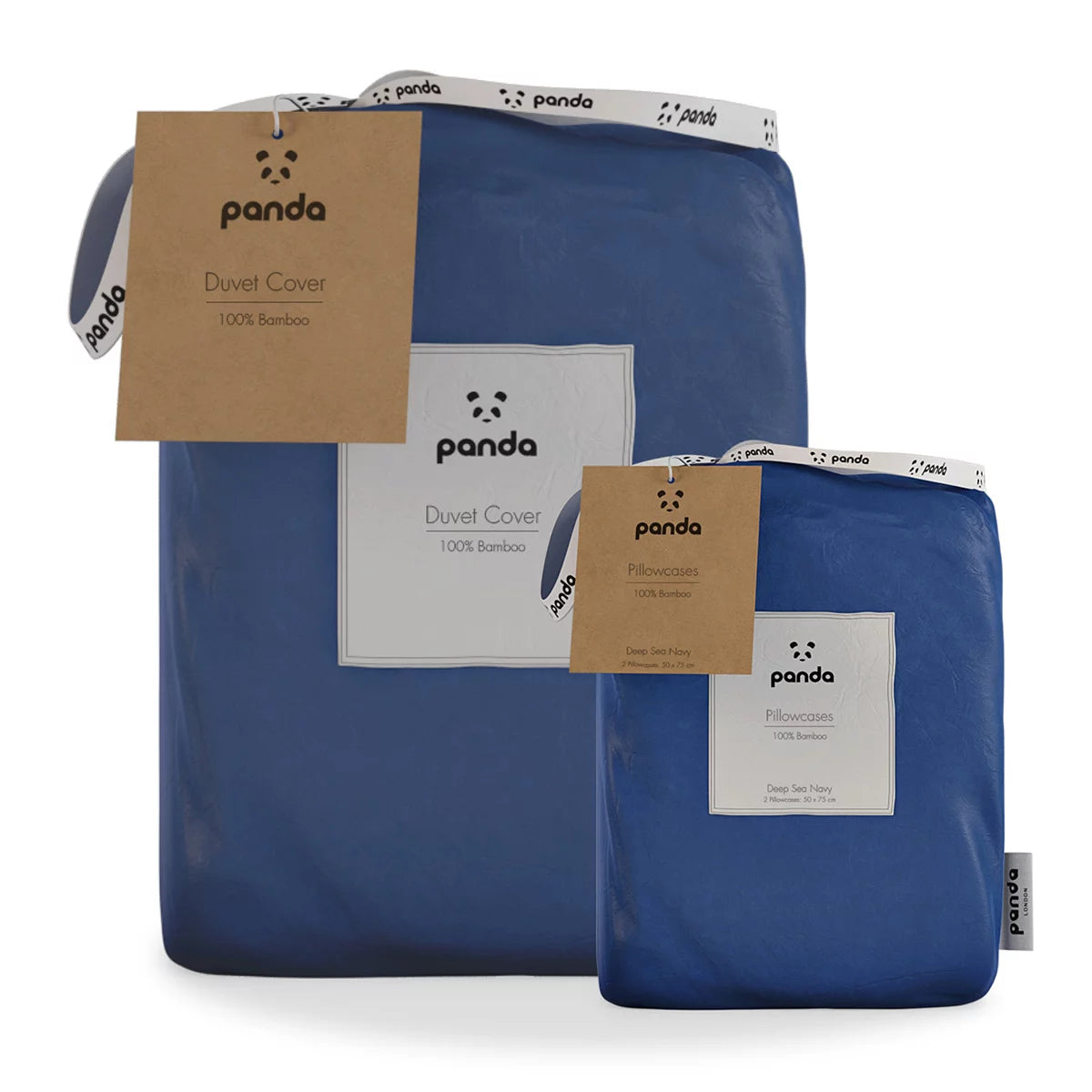 Panda 100% bamboo navy blue duvet cover set neatly dressed on a bed showing cashmere-soft texture, natural bamboo button closures, and matching pillowcases.