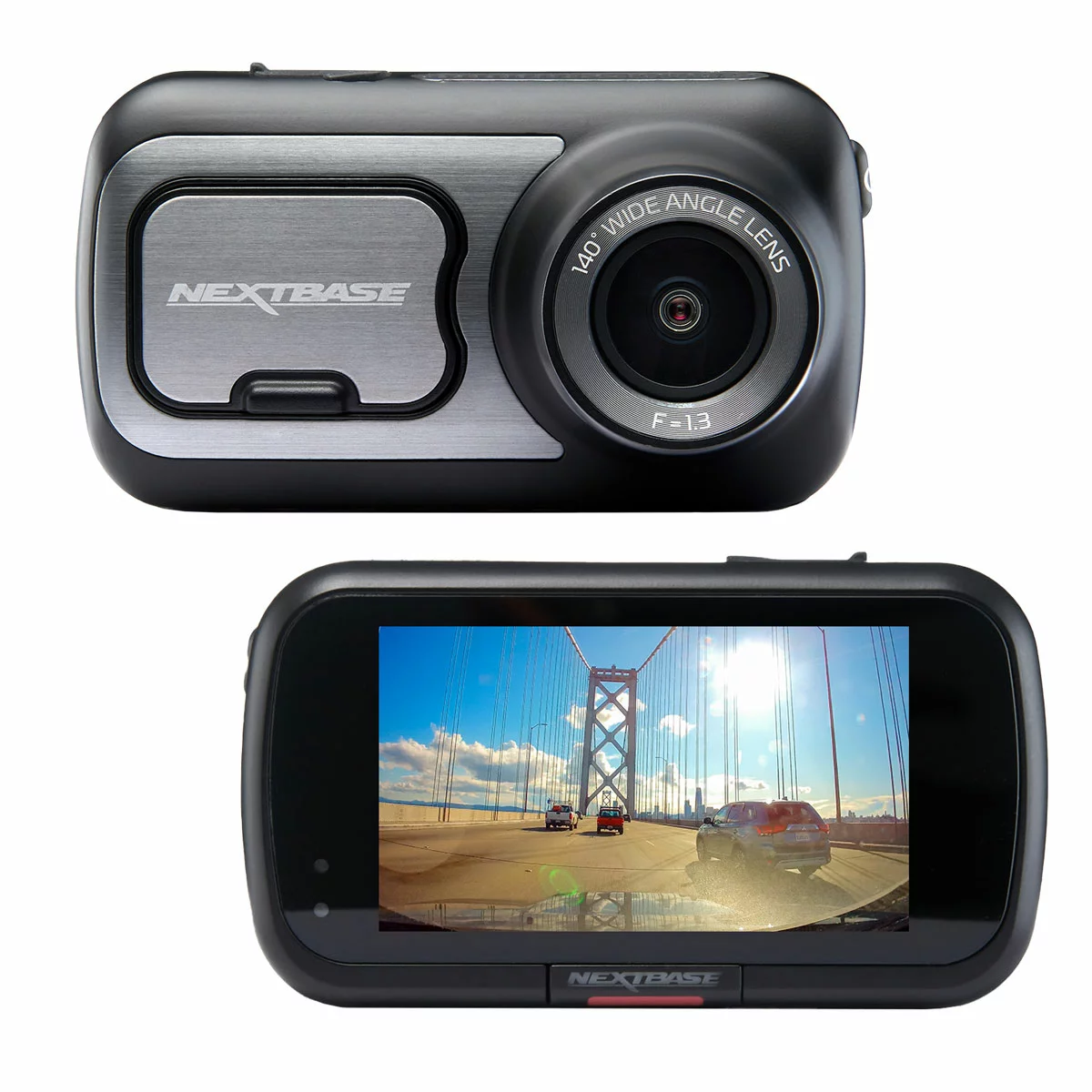 Sleek black Nextbase 422GW dash cam mounted on a windscreen showing its 2.5-inch touch screen panel, pictured alongside the compact rear window module and a circular polarising filter.
