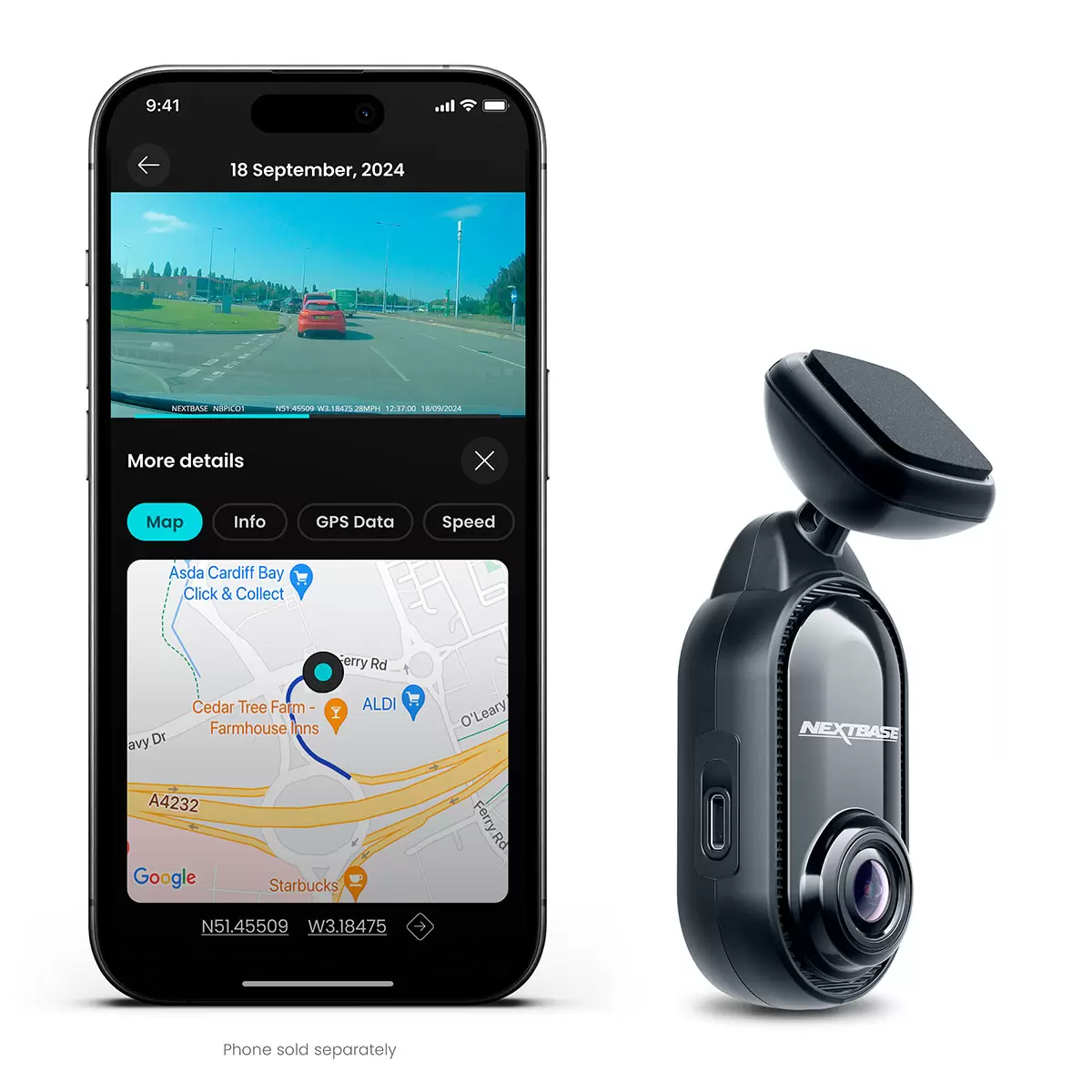 Side profile of the ultra-compact matte black Nextbase Piqo dash cam attached to a car windscreen via its low-profile ClickMount bracket system.
